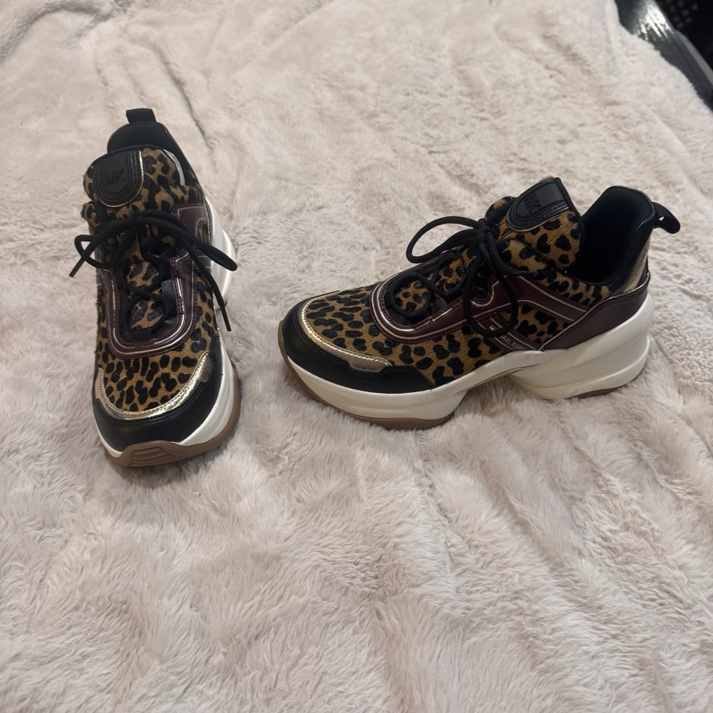 MICHAEL KORS Sz 8.5M Olympia Trainer Cheetah Leopard Platform Calf Hair Mesh 8.5